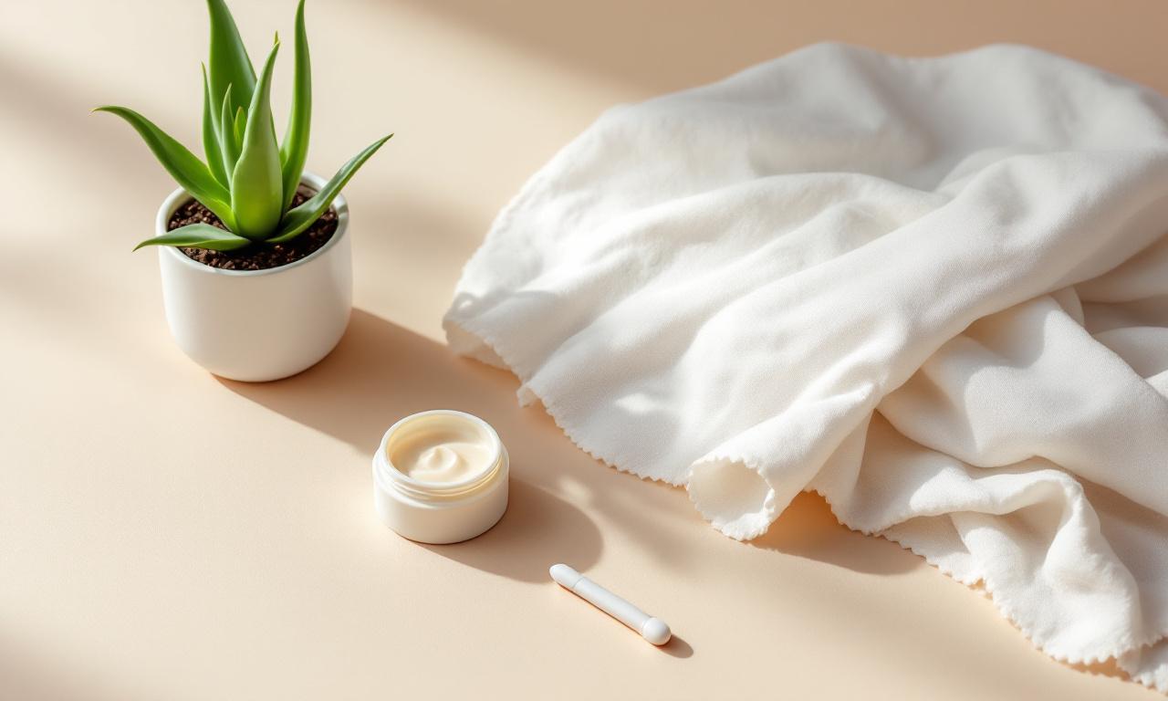 healthcare and wellness concept for gynecology, a close-up on a soft, folded white cloth with a smooth texture, next to a small, serene aloe vera plant. Soft, neutral pastel colors, clean medical aesthetic, soft diffused lighting, minimalist composition --style raw