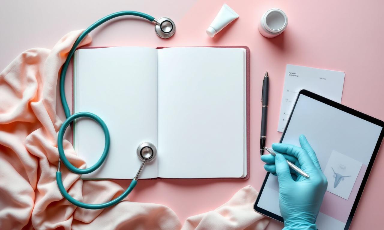 A peaceful and positive concept in gynecology: a stethoscope placed neatly on a notebook with a blank page, soft pastel background, symbolizing consultation and care. Bright, soft studio lighting, shallow depth of field, serene mood --style raw