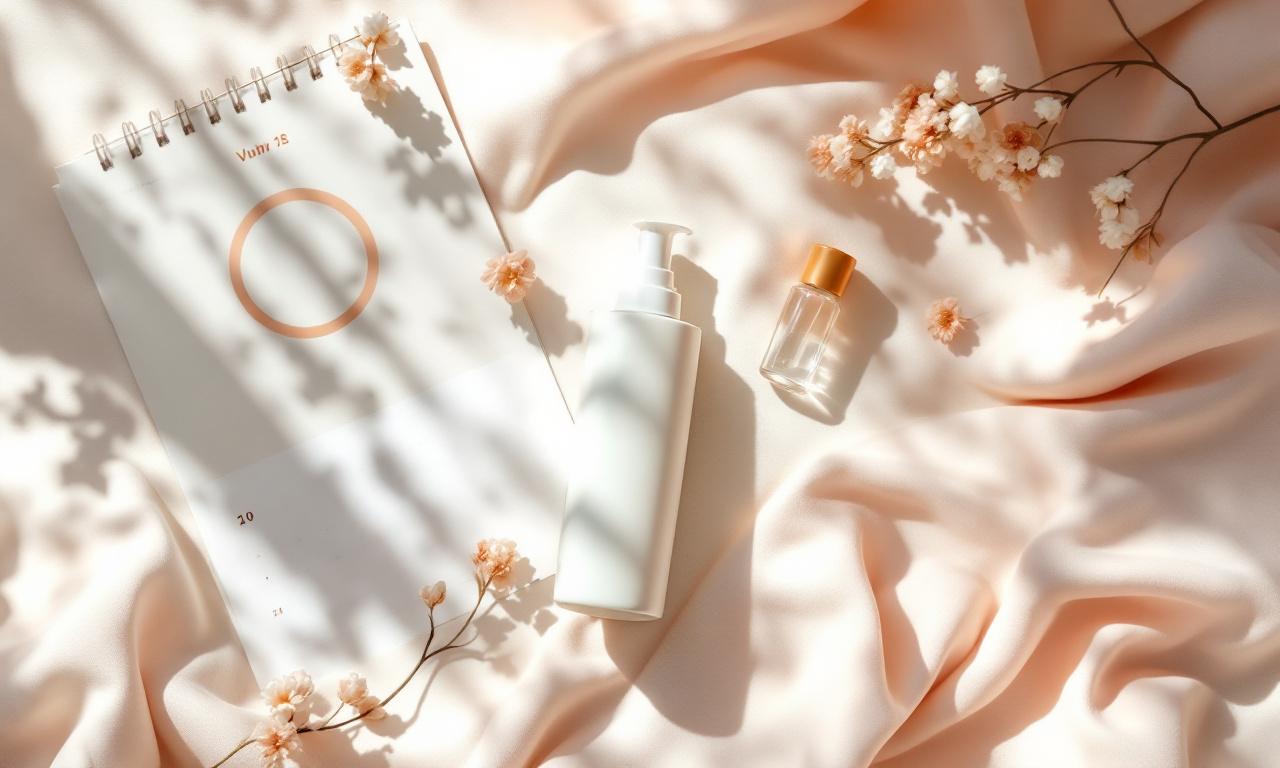 A minimalist gynecology and dermatology concept, a clean, gentle hand cream bottle next to a calendar with a marked date, symbolizing regular care. Soft focus, pastel color palette (mint, peach, cream), serene and professional atmosphere, soft shadows --style raw